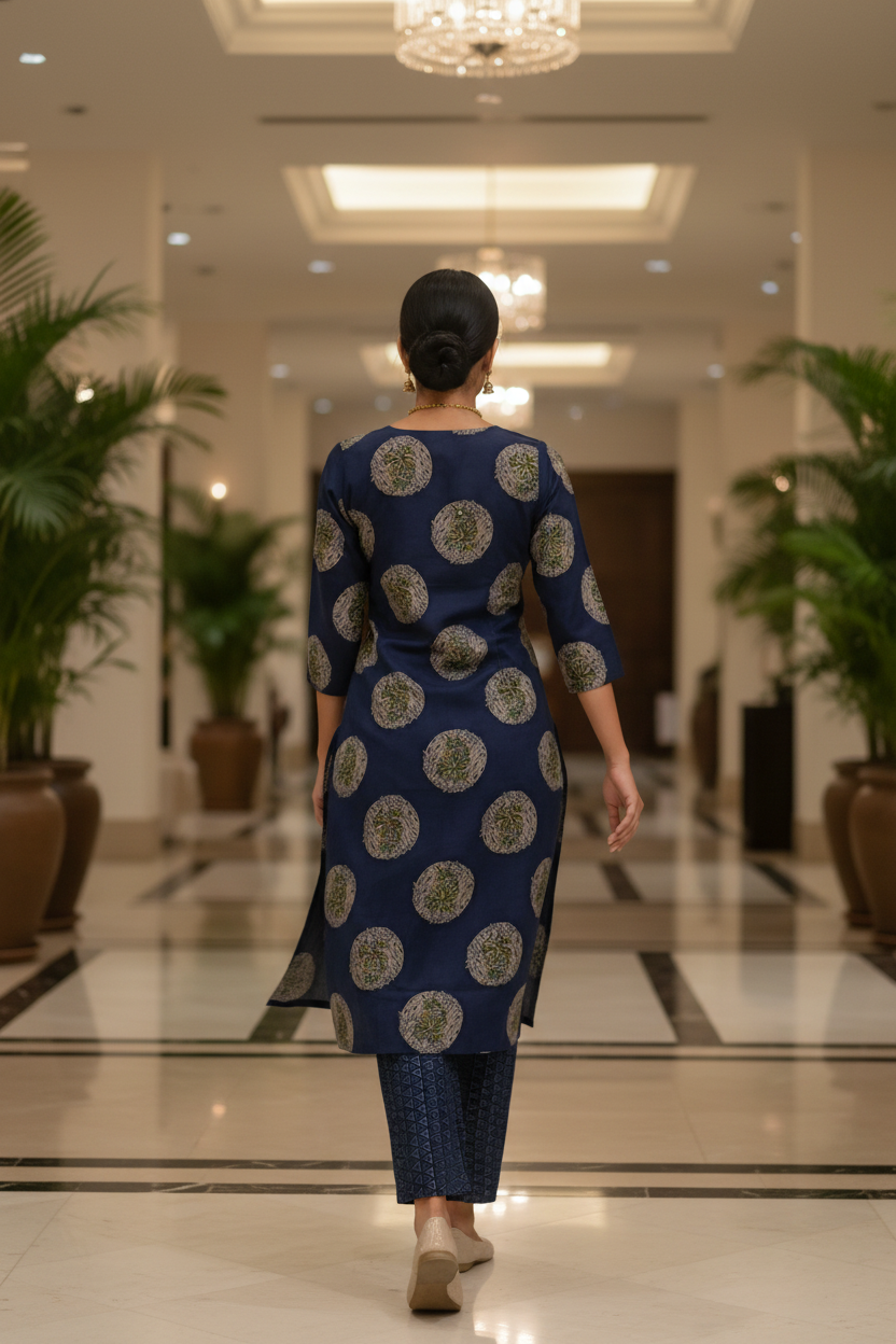 Women Navy Blue Medallion Block Print Straight Kurta Set