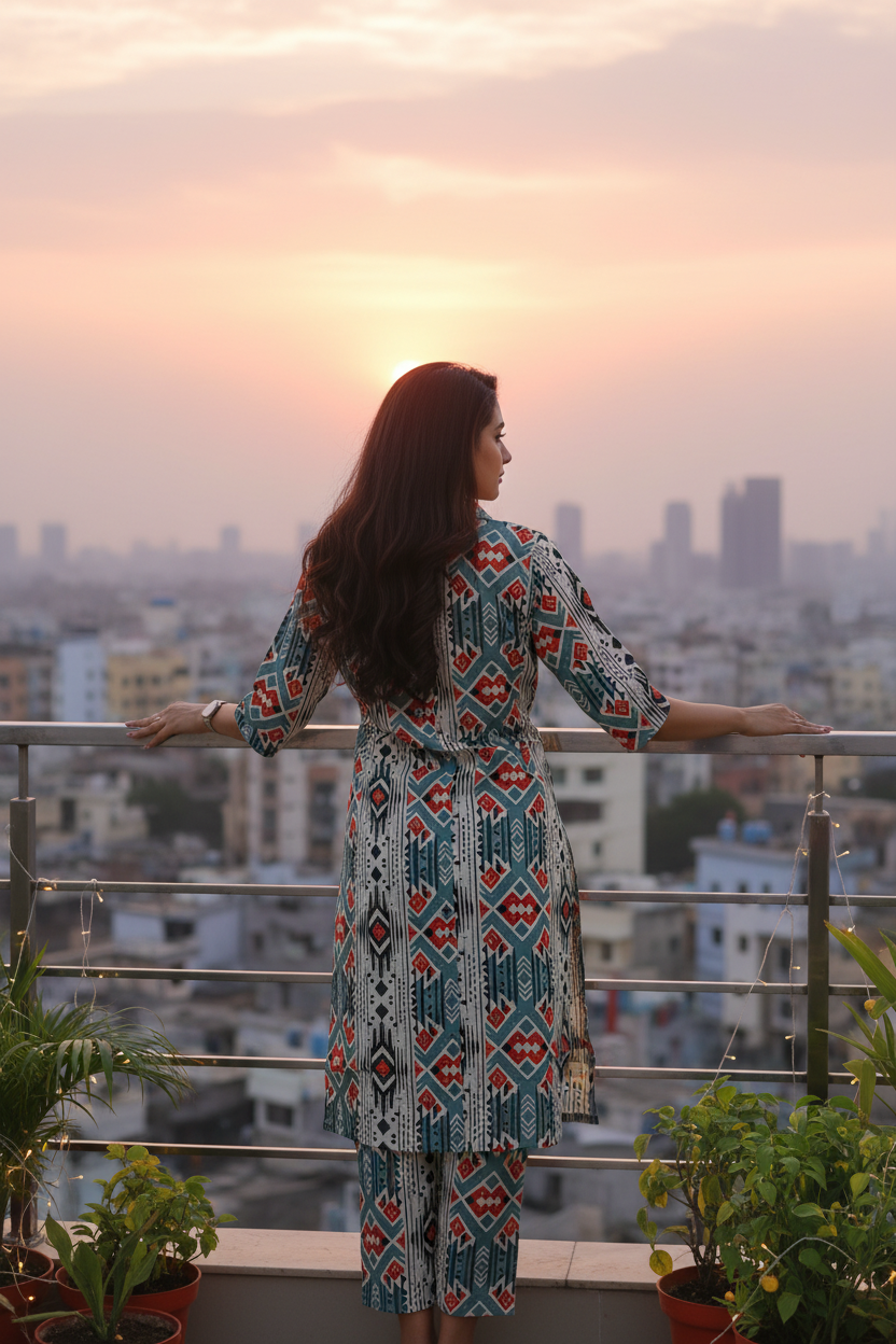 Women Geometric Ikat Print Collar Co-ord Set
