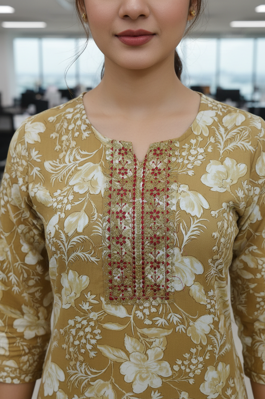 Women Mustard Floral Print Kurta Co-ord Set