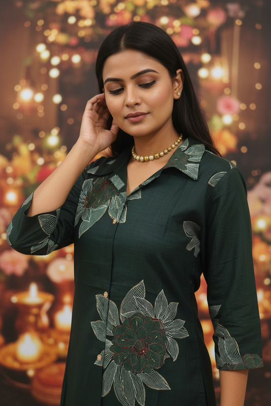 Women Green Lotus Print Straight Kurta Set