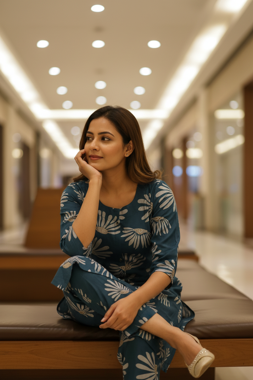 Peacock Teal Fan Bloom Straight Kurta Co-ord Set