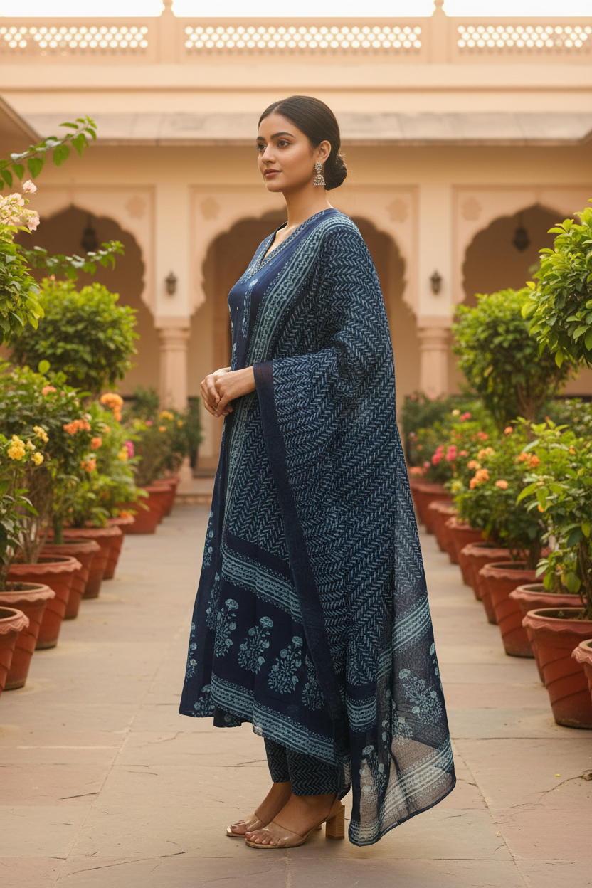 Indigo A-line Kurta Set with Dupatta - Side View