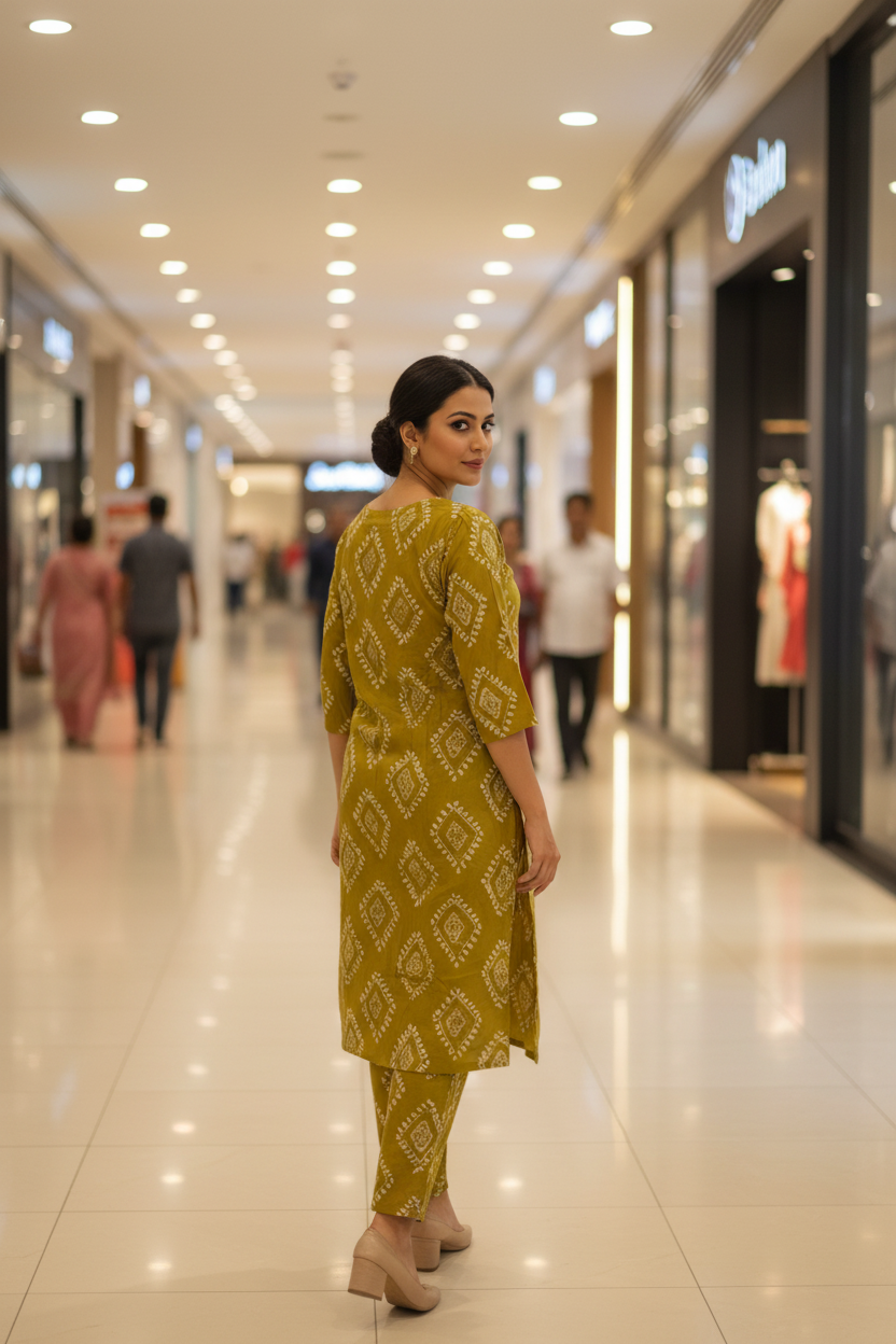 Women Olive Bloom Diamond Print Kurta Co-ord Set