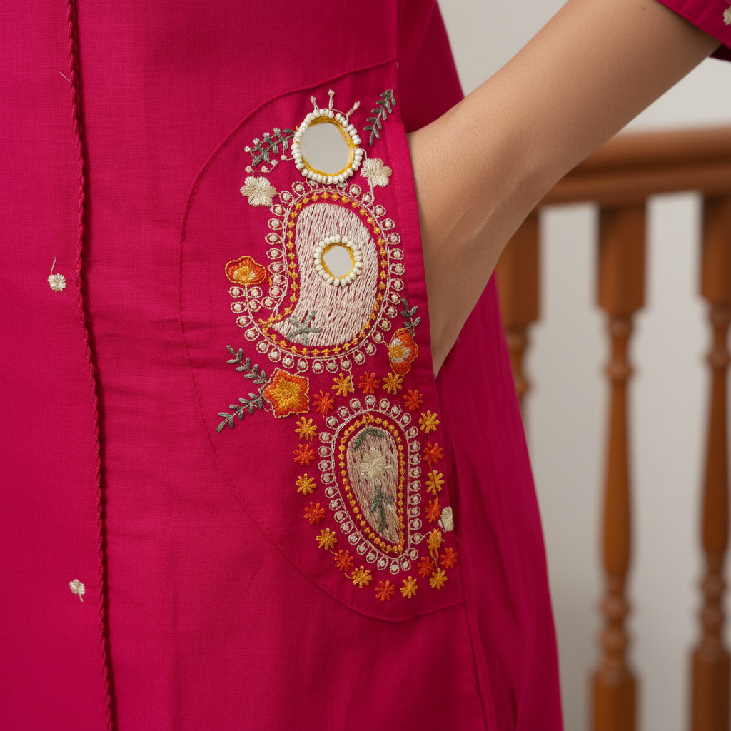 Women Rani Pink Embroidered Kurta Pant Dupatta Set