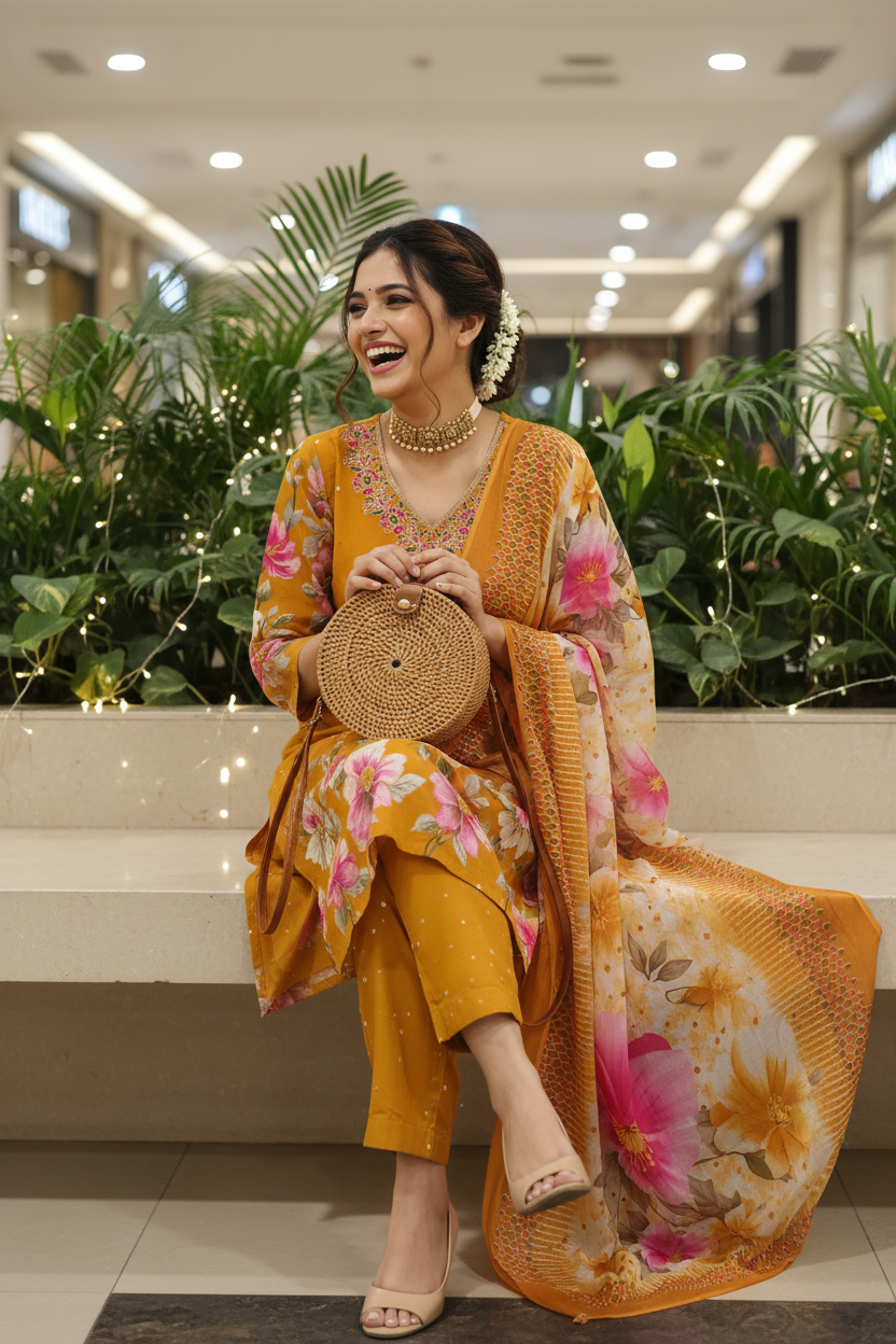 Women's Yellow Floral Print Kurta Co-ord Set with Floral Organza Dupatta