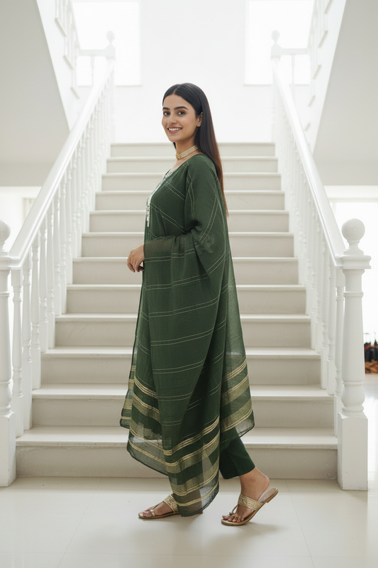 Women's Green Lotus Embroidered Kurta Pant Set with Zari Dupatta