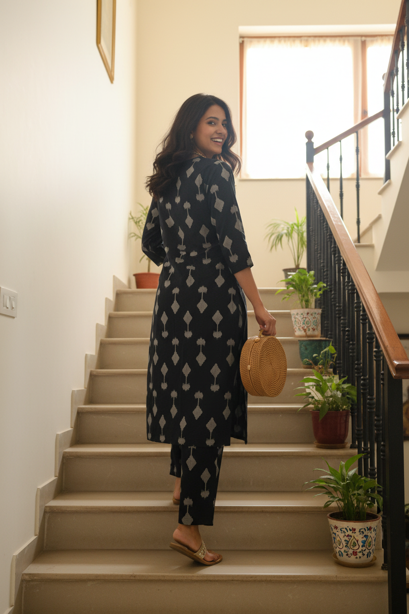 Women's Black Ikat Embroidered Yoke Kurta & Pant Co-ord Set
