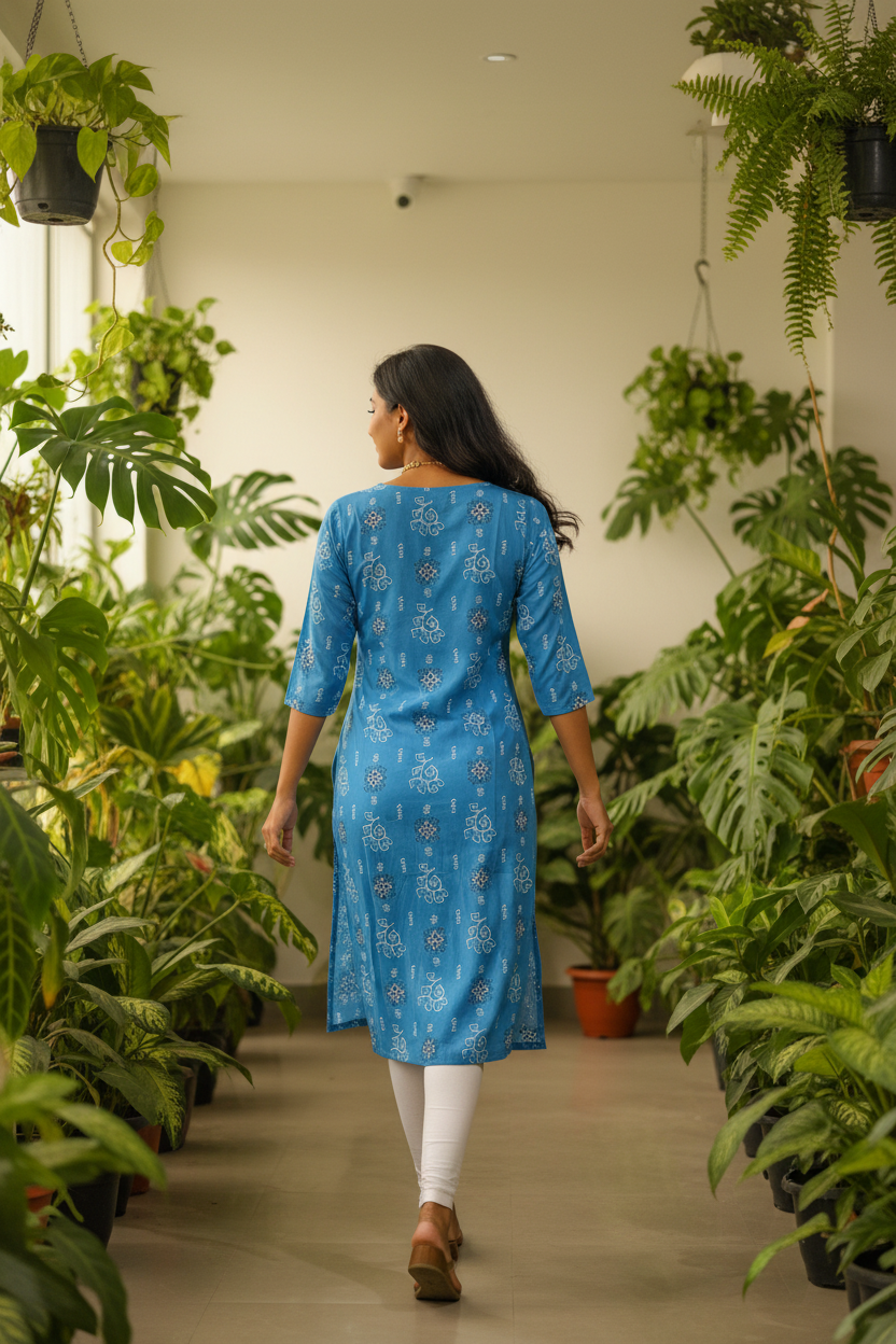 Women's SkyBlue Floral Block Print Straight Kurta