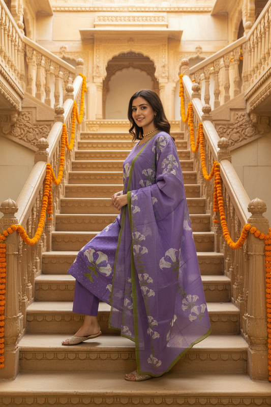 Women's Lavender Lily Bloom Kurta Co-ord Set with Dupatta