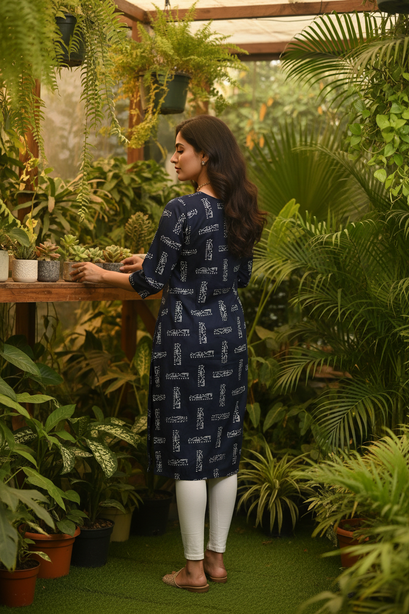 Women's Navy Blue Abstract Block Print Straight Kurta