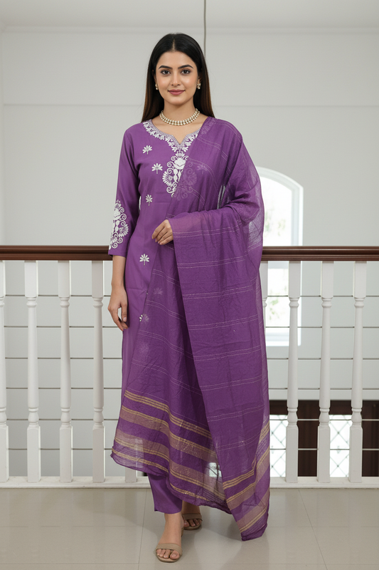 Women's Purple Embroidered Kurta Pant Set with Zari Dupatta