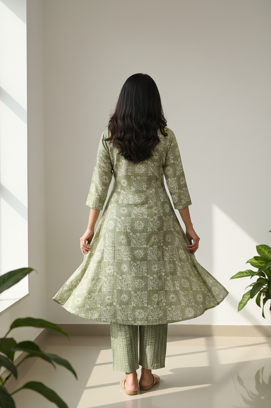 Sage Paisley A-Line Kurta Set – Back View
