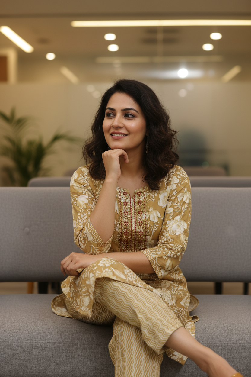 Women Mustard Floral Print Kurta Co-ord Set