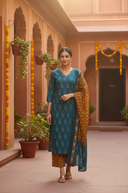 Teal Ikat 3-Piece Set — With Dupatta, Haveli Courtyard