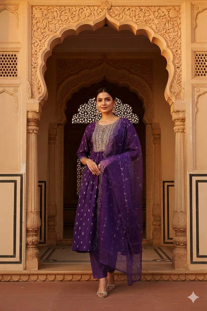 Women Royal Purple Anarkali Set with Organza Dupatta