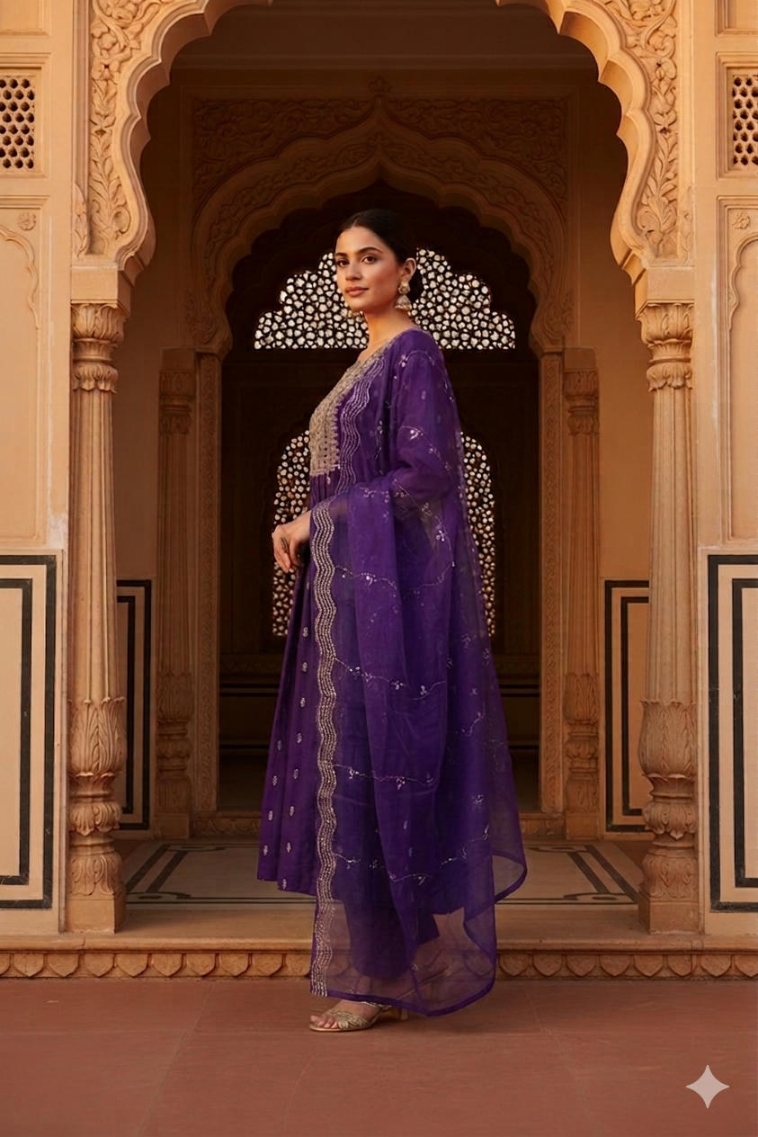 Women Royal Purple Anarkali Set with Organza Dupatta