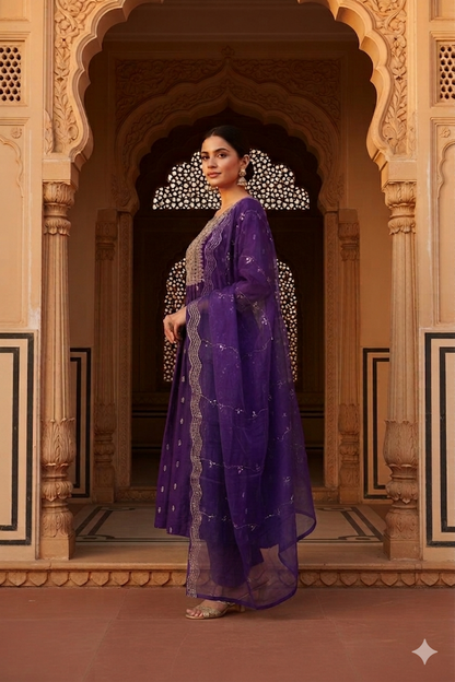 Women Royal Purple Anarkali Set with Organza Dupatta