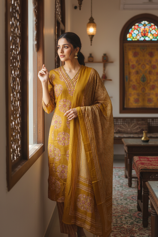 Women Mustard Circular Ajrakh Kurta Set with Dupatta