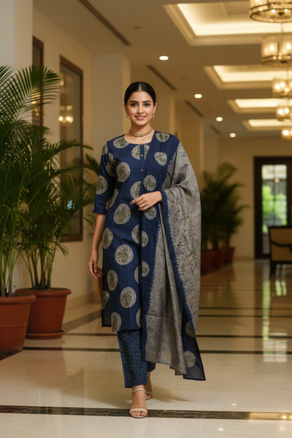 Women Navy Blue Medallion Block Print Straight Kurta Set