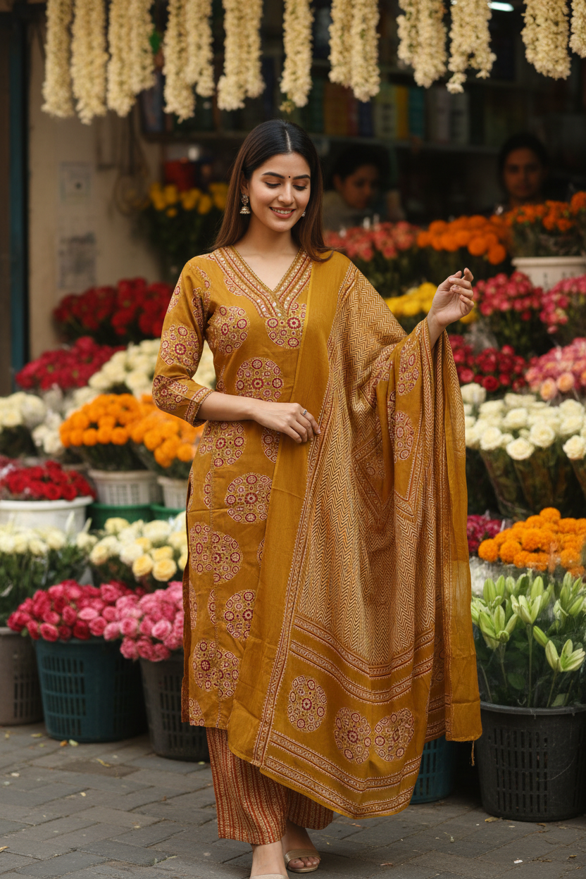 Women Mustard Circular Ajrakh Kurta Set with Dupatta