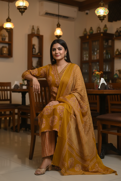 Women Mustard Circular Ajrakh Kurta Set with Dupatta