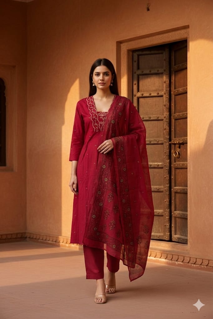 Women Wine Bloom Kurta Set with Organza Dupatta