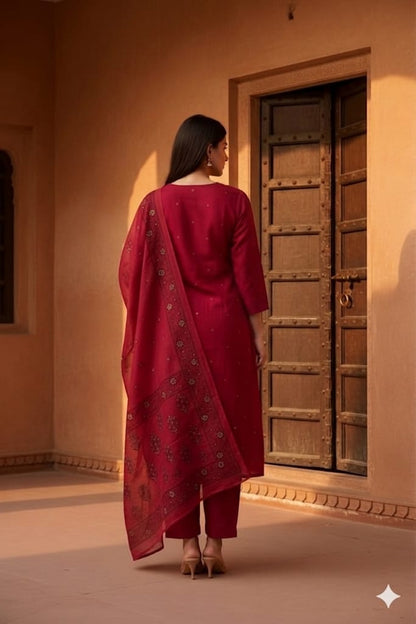 Women Wine Bloom Kurta Set with Organza Dupatta