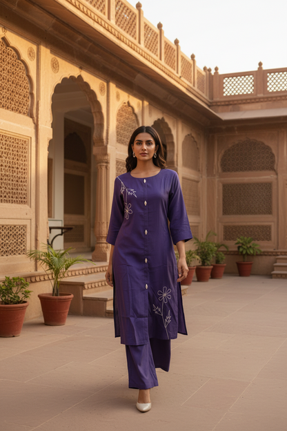 Women Indigo Violet Printed Kurta & Palazzo Set