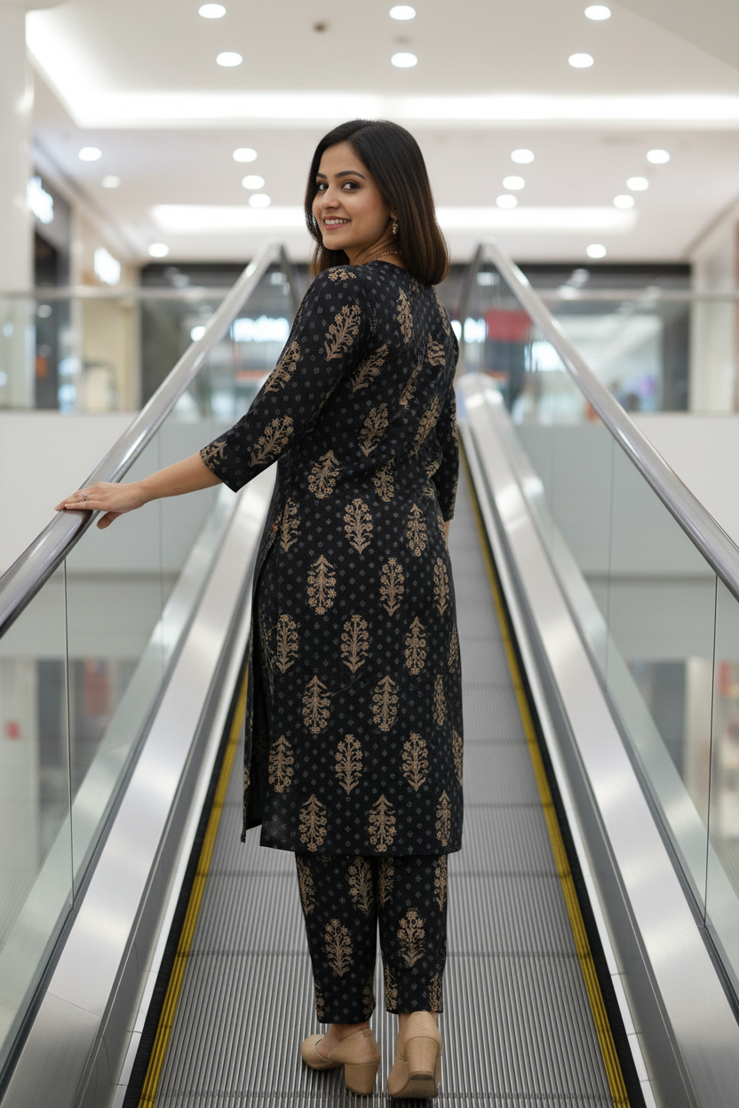 Women Black Gold Print Straight Kurta Set
