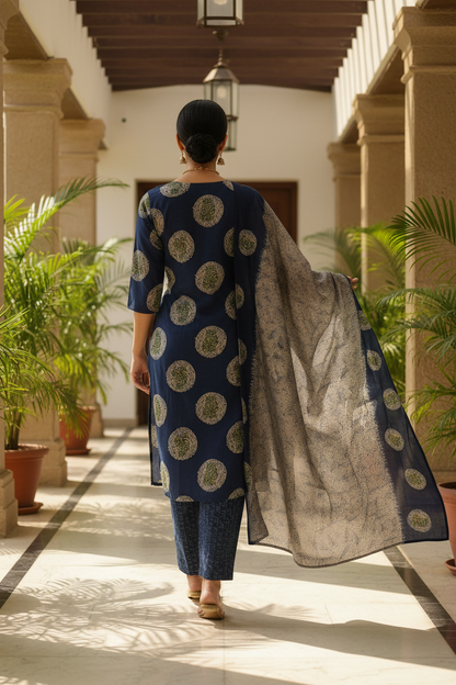Women Navy Blue Medallion Block Print Straight Kurta Set