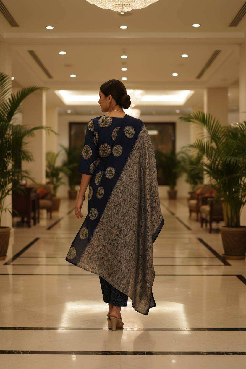 Women Navy Blue Medallion Block Print Straight Kurta Set