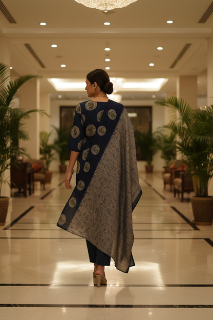 Women Navy Blue Medallion Block Print Straight Kurta Set