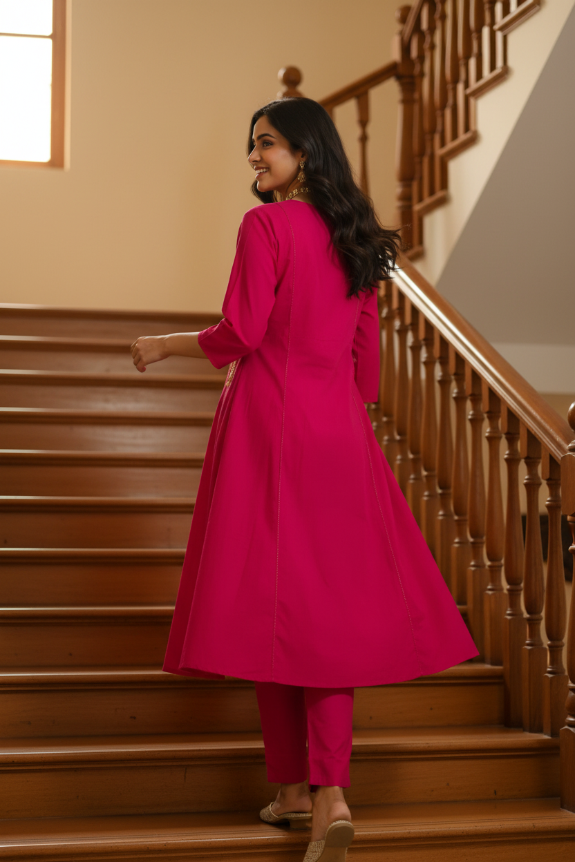 Women Rani Pink Embroidered Kurta Pant Dupatta Set