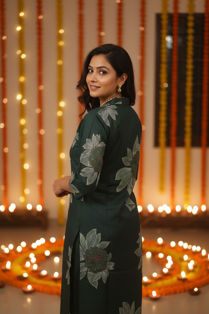 Women Green Lotus Print Straight Kurta Set