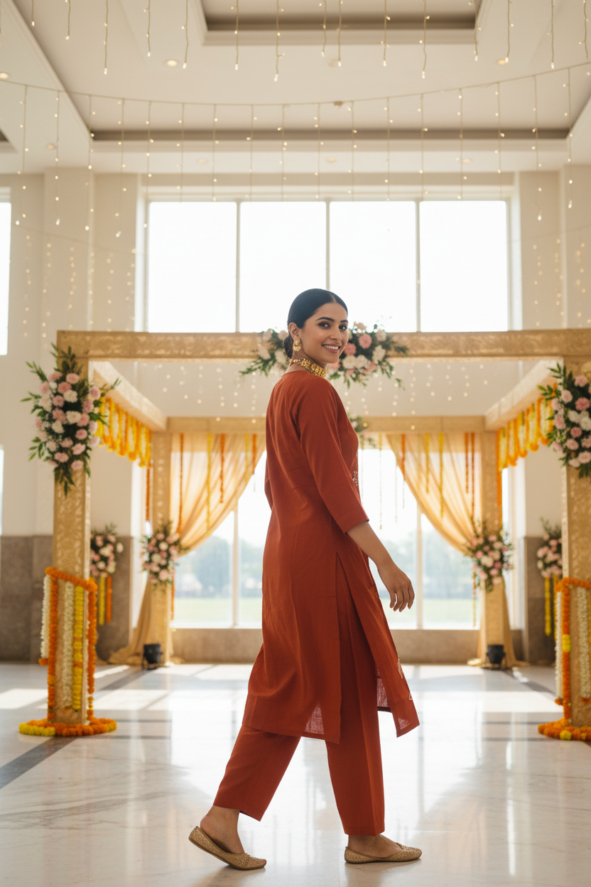 Women Rust Floral Embroidered V-Neck Kurta with Straight Pants