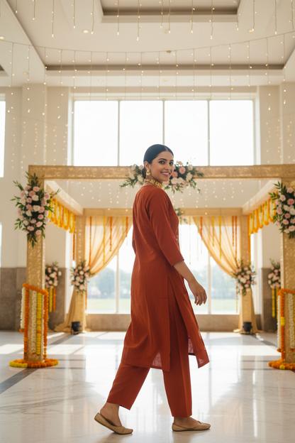 Women Rust Floral Embroidered V-Neck Kurta with Straight Pants