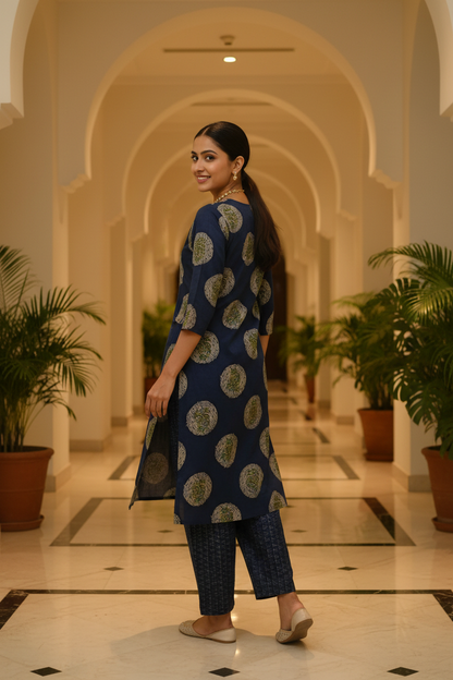 Women Navy Blue Medallion Block Print Straight Kurta Set