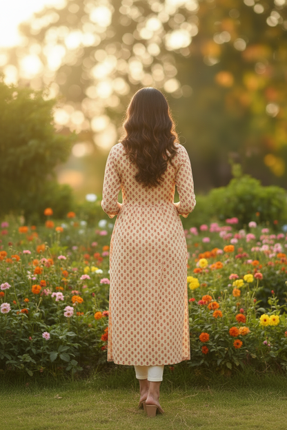 Back View – Below Knee Straight Cut Mango Print Kurta