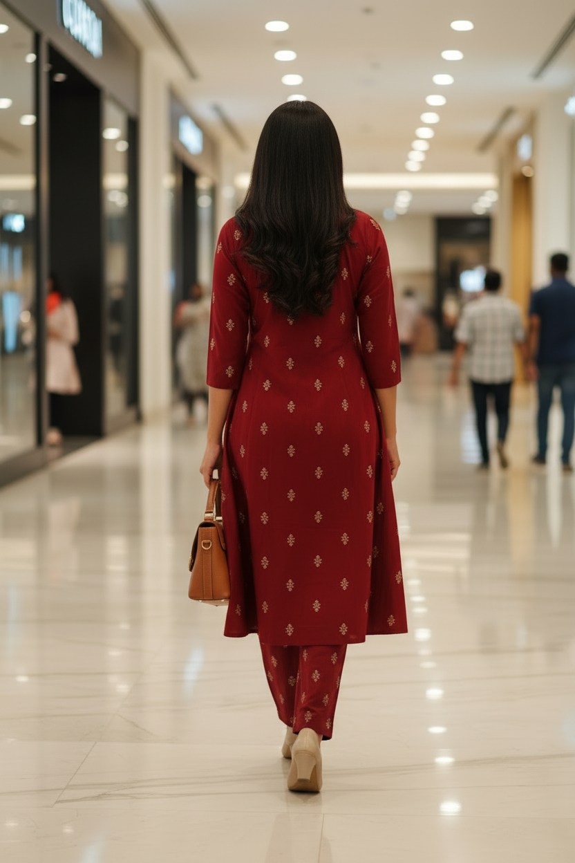 Back View – Crimson Red Butti Kurta Set