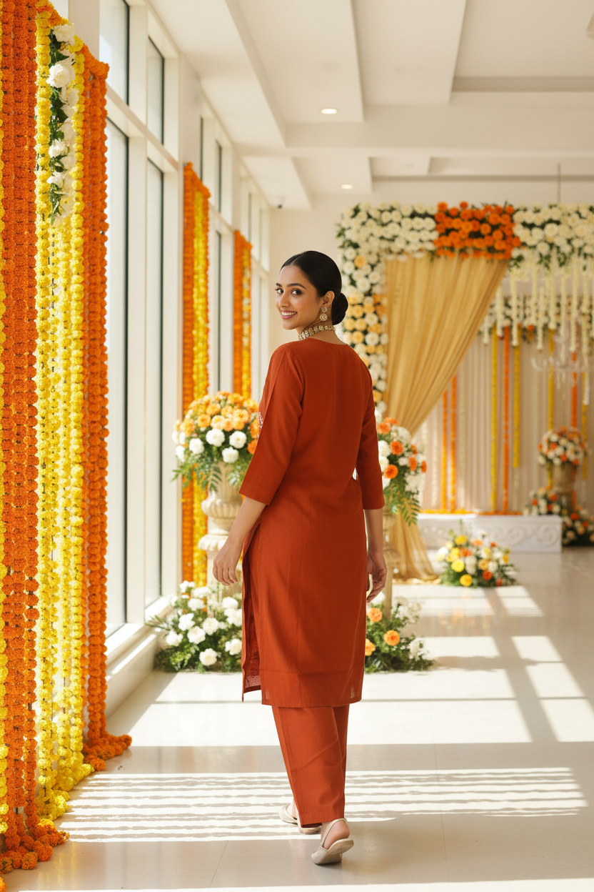 Women Rust Floral Embroidered V-Neck Kurta with Straight Pants