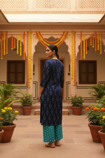 Back View — Navy Ikat Kurta Set