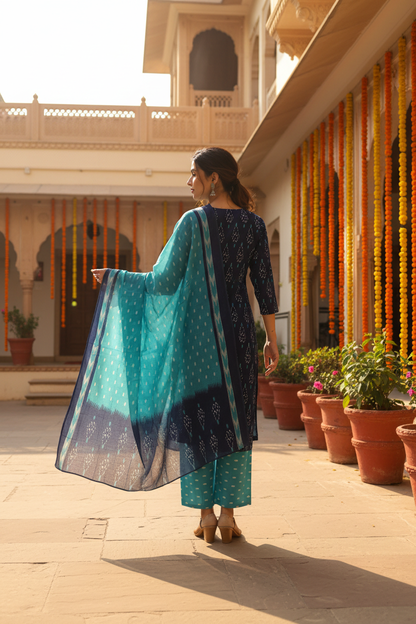 Back View — Navy Ikat Set with Dupatta