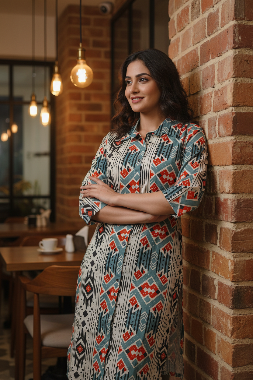Women Geometric Ikat Print Collar Co-ord Set