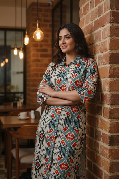 Women Geometric Ikat Print Collar Co-ord Set