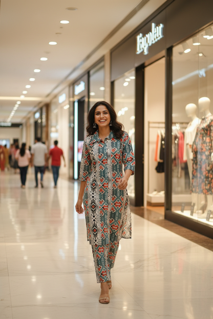 Women Geometric Ikat Print Collar Co-ord Set