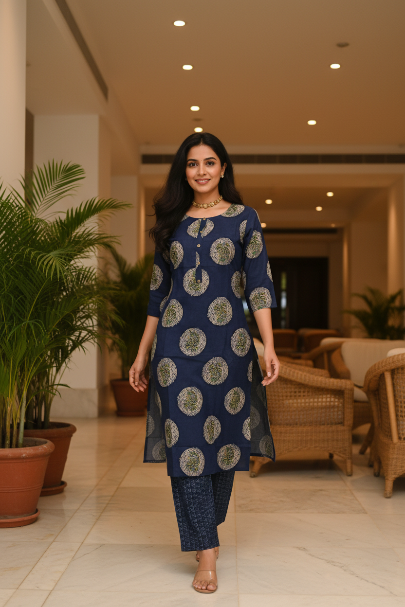 Women Navy Blue Medallion Block Print Straight Kurta Set