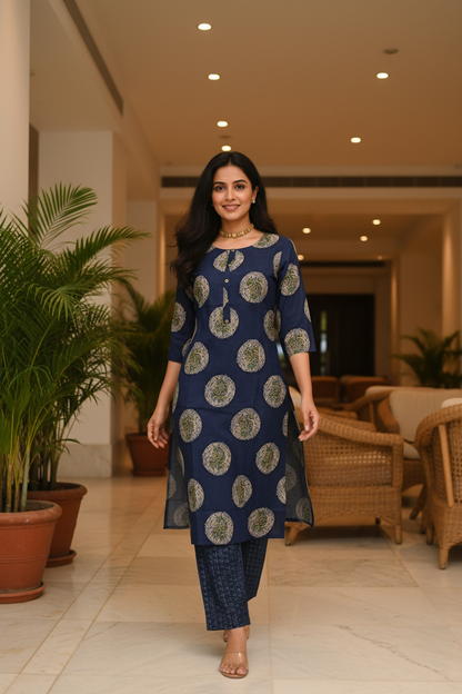 Women Navy Blue Medallion Block Print Straight Kurta Set