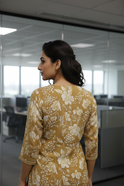 Women Mustard Floral Print Kurta Co-ord Set