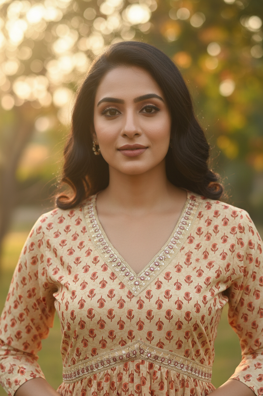 Close-up – Beige Mango Print Kurta Neckline Detail
