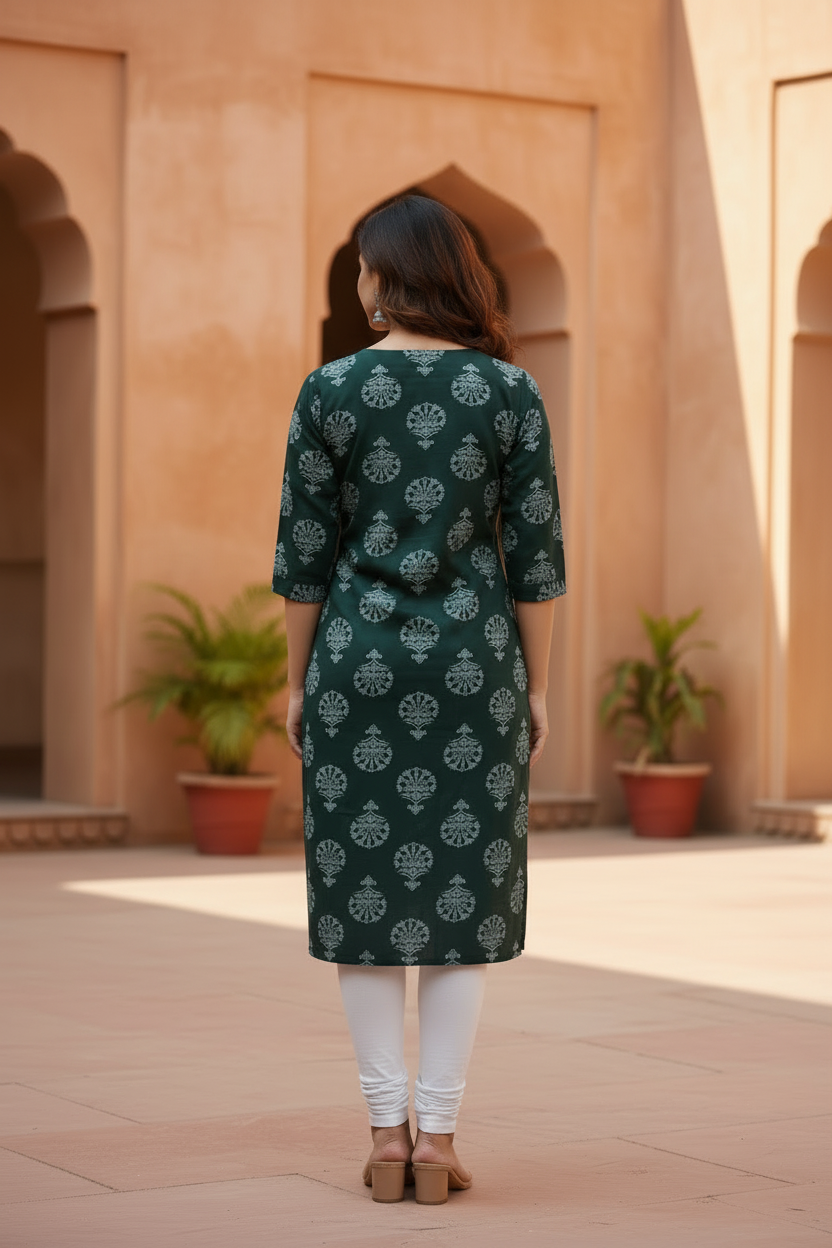 Dark Green Block Print Kurta 38" – Back